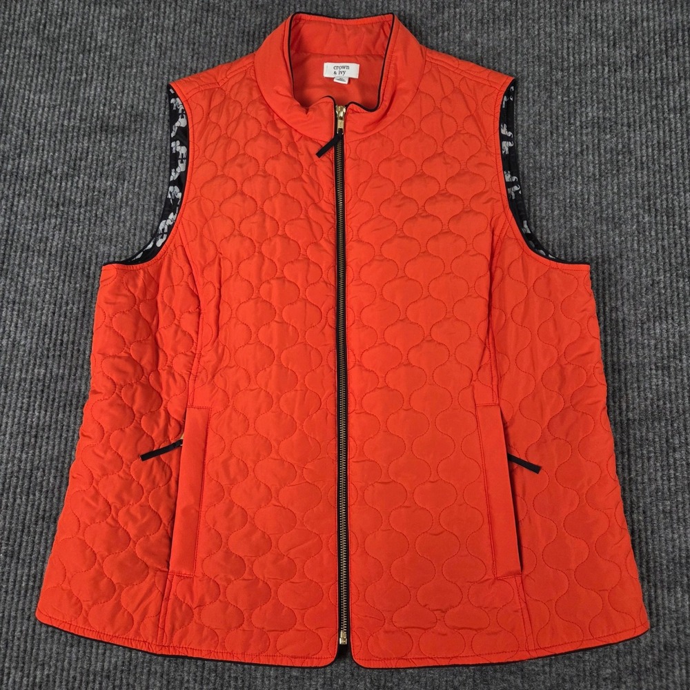 Crown & Ivy Womens XL Orange Quilted Full Zip Vest Elephant Print Lining